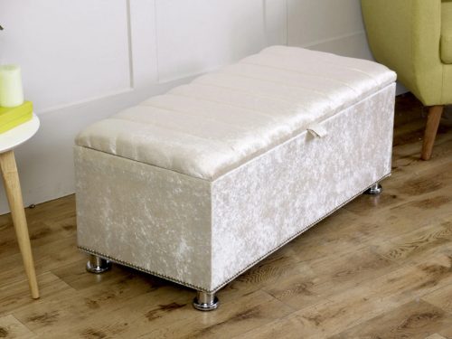 PORTLAND CRUSHED VELVET OTTOMAN TOY BOX BENCH STOOL SEAT STORAGE – VARIOUS COLOURS