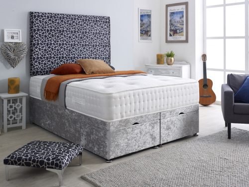 Crocodile Design Crush Velvet Ottoman Divan Bed – All Sizes – SILVER