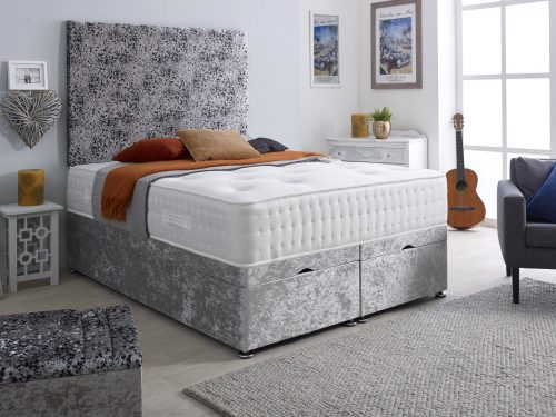 Cow Design Crush Velvet Ottoman Divan Bed – All Sizes – SILVER