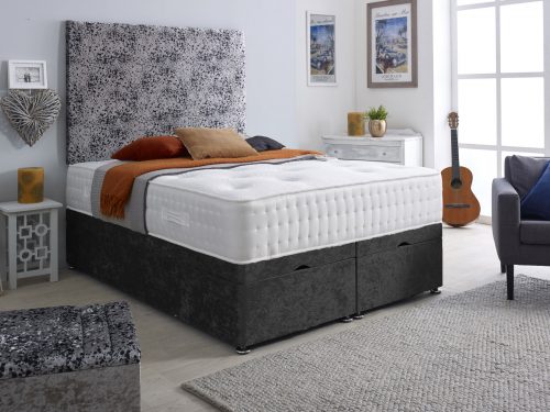 Cow Design Crush Velvet Ottoman Divan Bed – All Sizes – BLACK